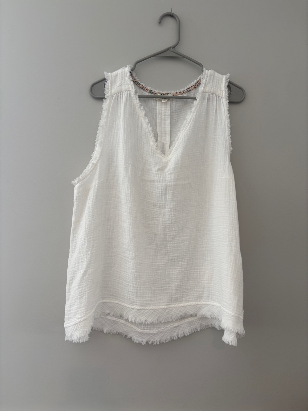 UMGEE Cotton Gauze Raw Edge V-Neck Tunic Tank Top in White Sz LG
